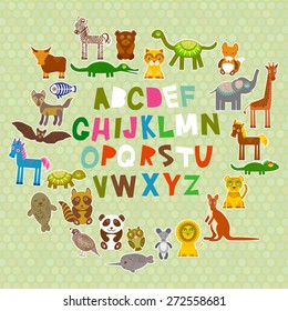 alphabet for kids from A to Z. Set of funny cartoon animals character. zoo on green polka dots background. Vector