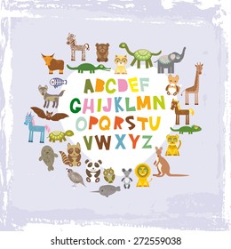 alphabet for kids from A to Z. Set of funny cartoon animals character. zoo on blue grunge background. Vector