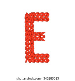 Alphabet knitted red letter E on white background. Vector illustration.