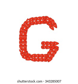 Alphabet knitted red letter G on white background. Vector illustration.