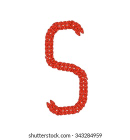 Alphabet knitted red letter S on white background. Vector illustration.