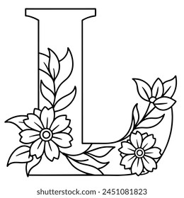 Alphabet L coloring page with the flower, L letter digital outline floral coloring page, ABC coloring page