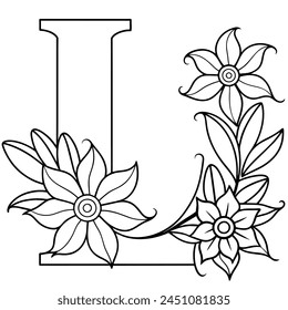 Alphabet L coloring page with the flower, L letter digital outline floral coloring page, ABC coloring page