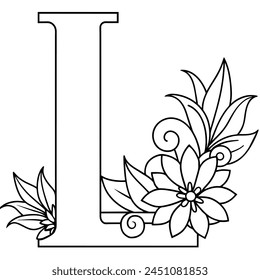 Alphabet L coloring page with the flower, L letter digital outline floral coloring page, ABC coloring page