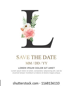 Alphabet L flower font made of paint floral and leaf watercolor on paper. Vector Hand Drawn letter L paint luxury design. Sweet collection for wedding invites decoration card and other concept ideas.