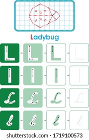 Alphabet L learning letter set practice with ladybug for kids worksheet write isolated background. Vector illustration