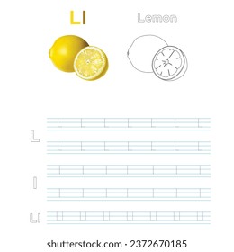 Alphabet L for Lemon handwriting trace practice worksheet for preschool kids learning how to write colorful printable version. Vector Illustration