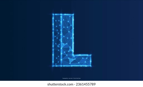 alphabet L Letter L low poly design, alphabet abstract geometric image, font wireframe mesh polygonal vector illustration made from points and lines on dark blue background	