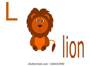 Alphabet ''L'' with lion cartoon for children or kids for learning basic english letters on white background.
