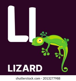 Alphabet L, L para lagarto. Ilustración vectorial del personaje de la caricatura de la tarjeta alfabética educativa para los niños.