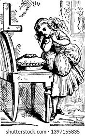 Alphabet L longed for it this picture shows a girl looking at food bowl kept on table and it looks like she wanted food for long time vintage line drawing or engraving illustration 