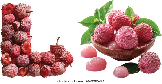 Alphabet L made by Fresh lychee isolated on white background
