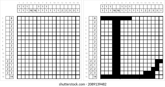 Alphabet L Nonogram Pixel Art, Character L, Language Letter Graphemes Symbol Vector Art Illustration, Logic Puzzle Game Griddlers, Pic-A-Pix, Picture Paint By Numbers, Picross