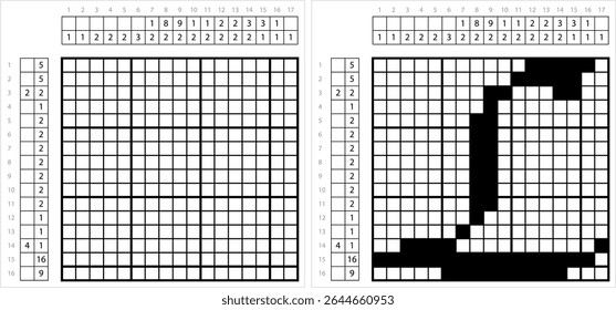 Alfabeto L Nonogram Pixel Art, Caractere L, Letra Linguagem Graphemes Símbolo Vetor Arte Ilustração, Lógica Puzzle Game Griddlers, Pic-A-Pix, Pintura De Imagem Por Números, Picross