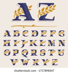 Alphabet with laurel wreath. Classic serif font with line shadow. Vector icon perfect for boutique labels, sport posters, luxury identity, etc.