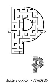 Alphabet  learning fun and educational activity for kids - letter P maze game. Answer included.