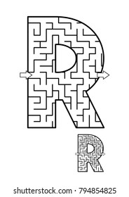 Alphabet  learning fun and educational activity for kids - letter R maze game. Answer included.