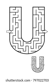 Alphabet  learning fun and educational activity for kids - letter U maze game. Answer included.