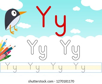 Alphabet learning letters & coloring graphics printable worksheet for preschool / kindergarten kids. Letter Yy - Illustrasyon