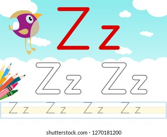 Alphabet learning letters & coloring graphics printable worksheet for preschool / kindergarten kids. Letter Zz - Illustrasyon