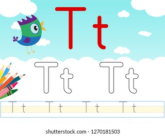 Alphabet learning letters & coloring graphics printable worksheet for preschool / kindergarten kids. Letter Tt - Illustrasyon