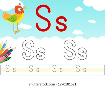 Alphabet learning letters & coloring graphics printable worksheet for preschool / kindergarten kids. Letter Ss - Illustrasyon