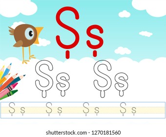 Alphabet learning letters & coloring graphics printable worksheet for preschool / kindergarten kids. Letter Şş - Illustrasyon