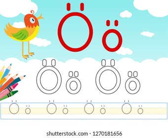 Alphabet learning letters & coloring graphics printable worksheet for preschool / kindergarten kids. Letter Öö - Illustrasyon
