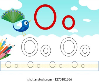 Alphabet learning letters & coloring graphics printable worksheet for preschool / kindergarten kids. Letter Oo - Illustrasyon