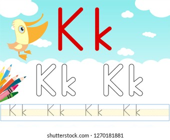 Alphabet learning letters & coloring graphics printable worksheet for preschool / kindergarten kids. Letter Kk - Illustrasyon