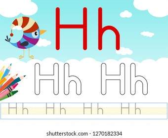 Alphabet learning letters & coloring graphics printable worksheet for preschool / kindergarten kids. Letter Hh - Illustrasyon