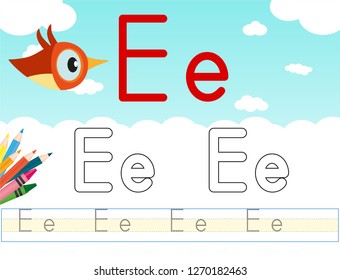 Alphabet learning letters & coloring graphics printable worksheet for preschool / kindergarten kids. Letter Ee - Illustrasyon