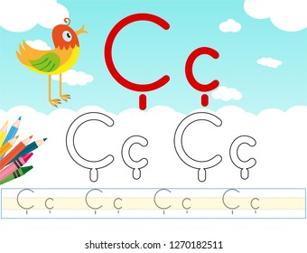 Alphabet learning letters & coloring graphics printable worksheet for preschool / kindergarten kids. Letter Cc - Illustrasyon