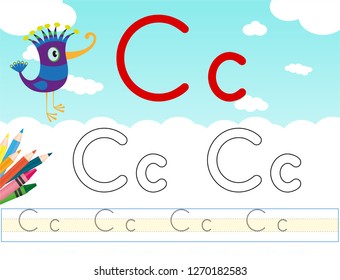 Alphabet learning letters & coloring graphics printable worksheet for preschool / kindergarten kids. Letter Cc - Illustrasyon