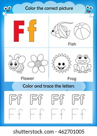 Alphabet learning letters & coloring graphics printable worksheet for preschool / kindergarten kids. Letter F