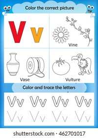 Alphabet learning letters & coloring graphics printable worksheet for preschool / kindergarten kids. Letter V