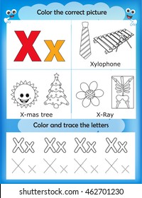 Alphabet learning letters & coloring graphics printable worksheet for preschool / kindergarten kids. Letter X