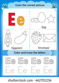 Alphabet learning letters & coloring graphics printable worksheet for preschool / kindergarten kids. Letter E