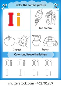 Alphabet learning letters & coloring graphics printable worksheet for preschool / kindergarten kids. Letter I