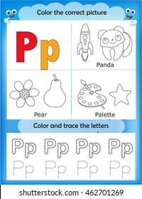 Alphabet learning letters & coloring graphics printable worksheet for preschool / kindergarten kids. Letter P