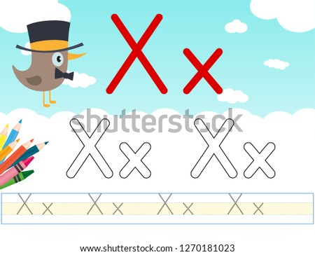 Alphabet learning letters & coloring graphics printable worksheet for preschool / kindergarten kids. Letter Xx - Illustrasyon
