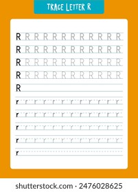 Alphabet learning worksheet focused on the letter r, designed for preschool and kindergarten children to enhance handwriting skills. features multiple traceable versions of the letter r, offering prac