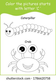 Alphabet learning worksheet,Letter C pictures,color the pictures ,printable worksheet for kindergarten ,preschool