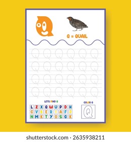 Alphabet learning and writing practice tracing worksheet template,a4 print ready worksheet vector template for kids