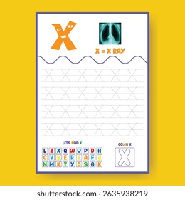 Alphabet learning and writing practice tracing worksheet template,a4 print ready worksheet vector template for kids