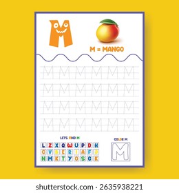 Alphabet learning and writing practice tracing worksheet template,a4 print ready worksheet vector template for kids