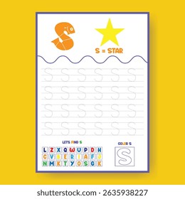 Alphabet learning and writing practice tracing worksheet template,a4 print ready worksheet vector template for kids