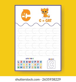 Alphabet learning and writing practice tracing worksheet template,a4 print ready worksheet vector template for kids