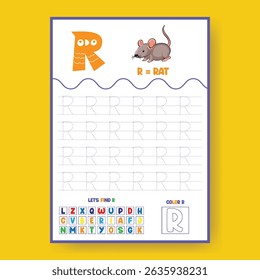 Alphabet learning and writing practice tracing worksheet template,a4 print ready worksheet vector template for kids