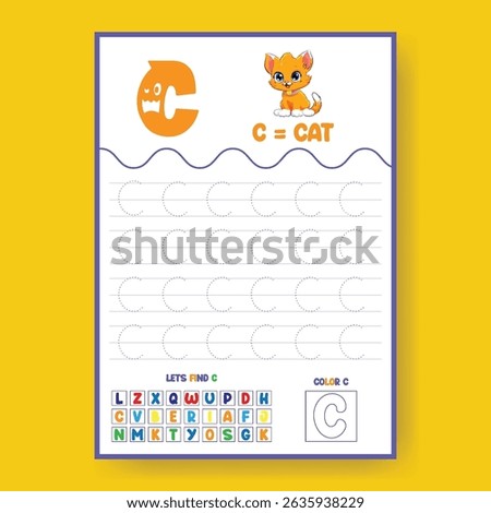 Alphabet learning and writing practice tracing worksheet template,a4 print ready worksheet vector template for kids